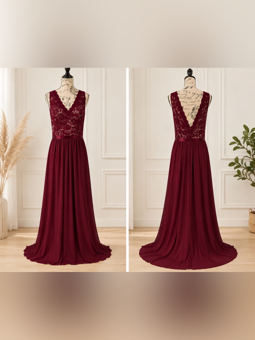 MIUSOL Burgundy Lace Maxi Dress Size XLFormal Evening Gown with Train Minor Flaw